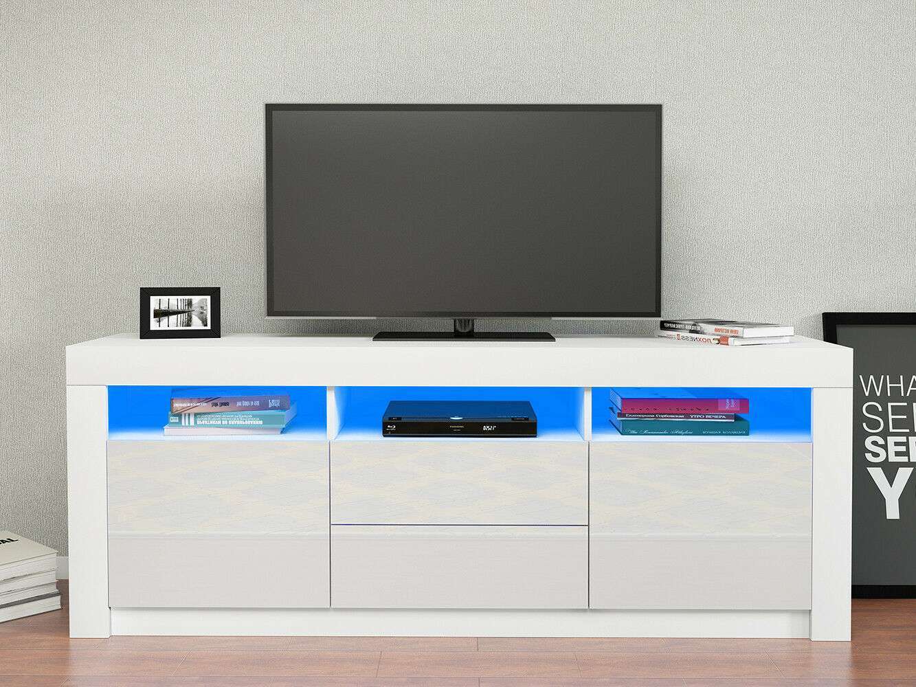 white tv unit with lights / White Gloss Sideboard suitable for 75" Tv's