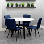 1.1m Marble Round Table & 4 Blue Chairs
