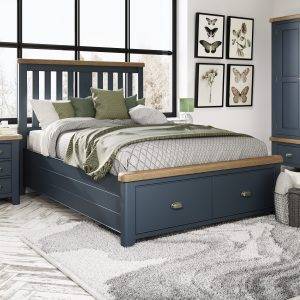 Double Bed with Wooden Headboard and Drawers in Blue