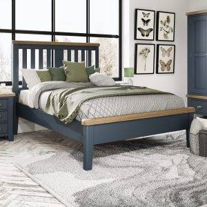 Double Bed with Wooden Headboard in Blue