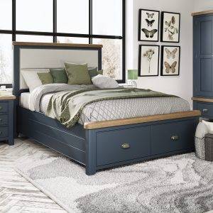 Double Bed with Fabric Headboard and Drawers in Blue