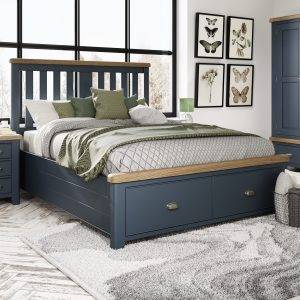 King Size Bed with Wooden Headboard and Drawers in Blue
