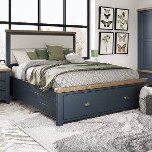 King Size Bed with Fabric Headboard and Drawers in Blue