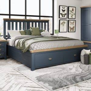 Super king Bed with Wooden Headboard and Drawers in Blue