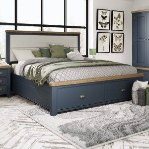 Super King with Fabric Headboard and Drawers in Blue