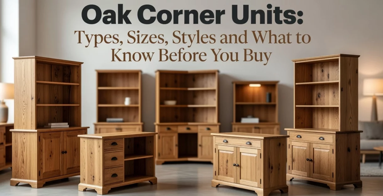 Professional header image for list-based article: Oak Corner Units: Types, Sizes, Styles and What to Know B...