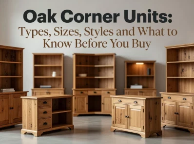 Professional header image for list-based article: Oak Corner Units: Types, Sizes, Styles and What to Know B...