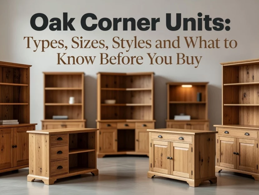 Professional header image for list-based article: Oak Corner Units: Types, Sizes, Styles and What to Know B...