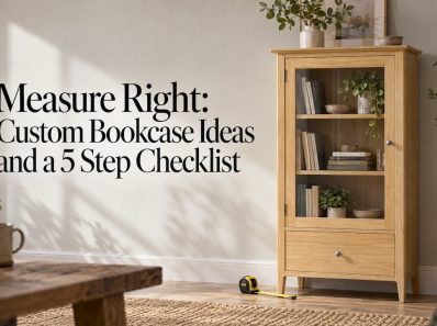 Light oak glazed bookcase in measured interior
