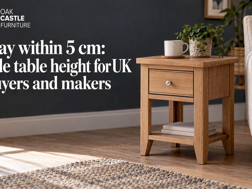 Natural oak lamp table beside armchair