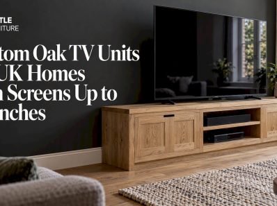 Custom oak TV unit beneath large television