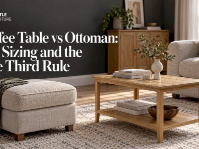Oak coffee table beside an upholstered ottoman