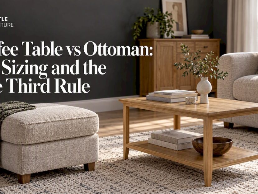 Oak coffee table beside an upholstered ottoman