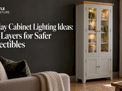 Grey display cabinet with softly lit collectibles