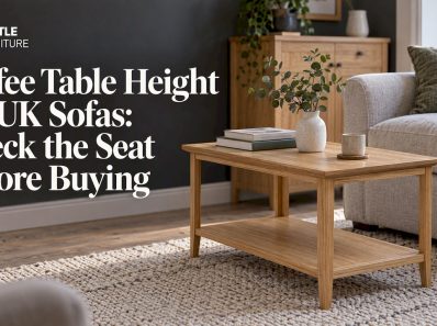 Oak coffee table beside a UK sofa